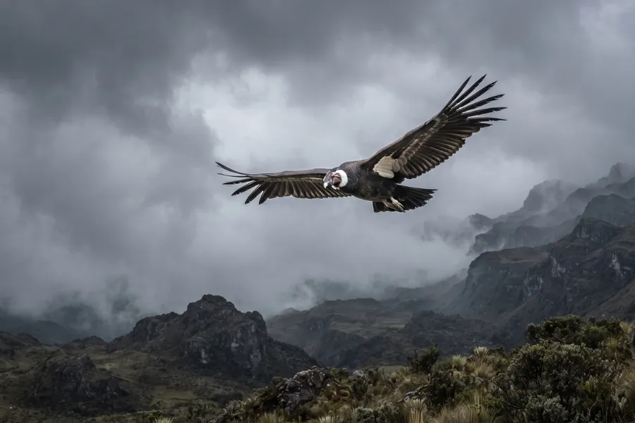 Andean condor flying mountains