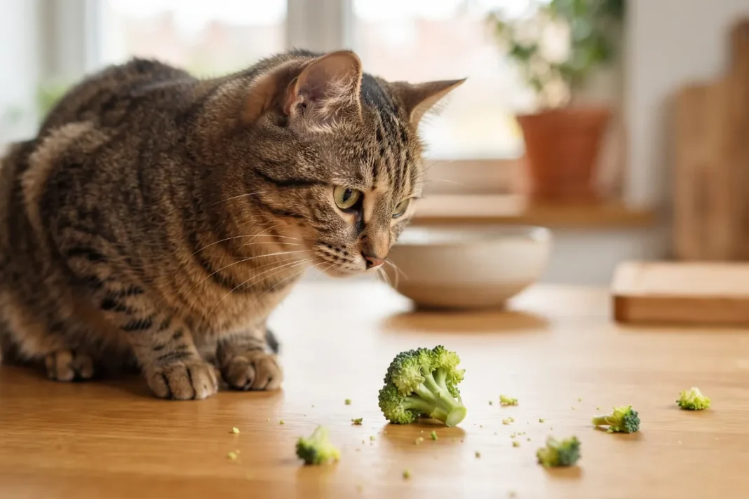 Cat eating broccoli