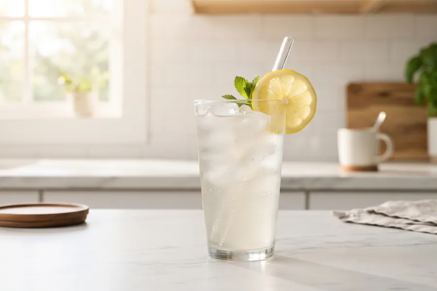 Fresh glass of water with electrolyte mix and lemon