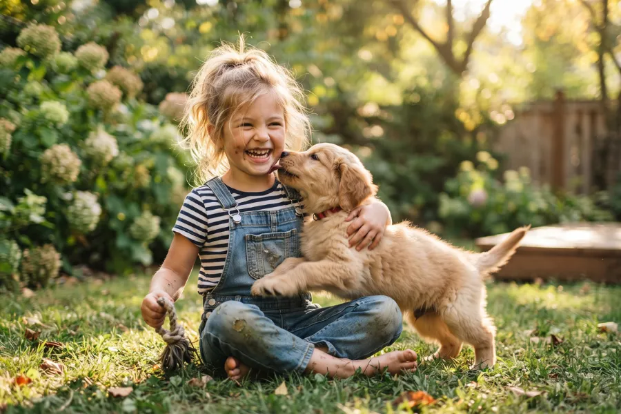 kids playing with puppy