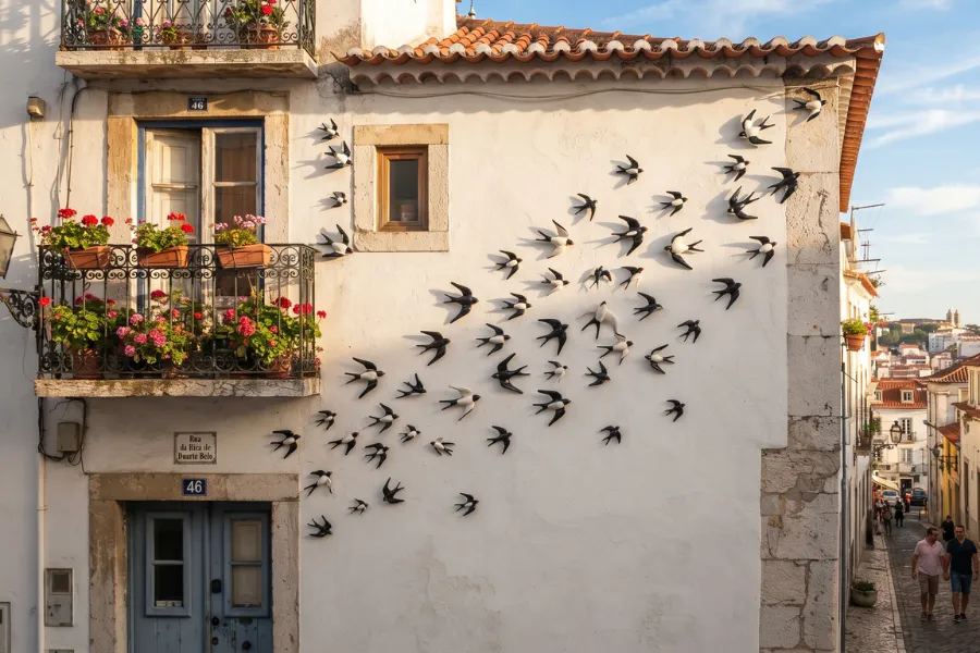 Ceramic swallows on wall