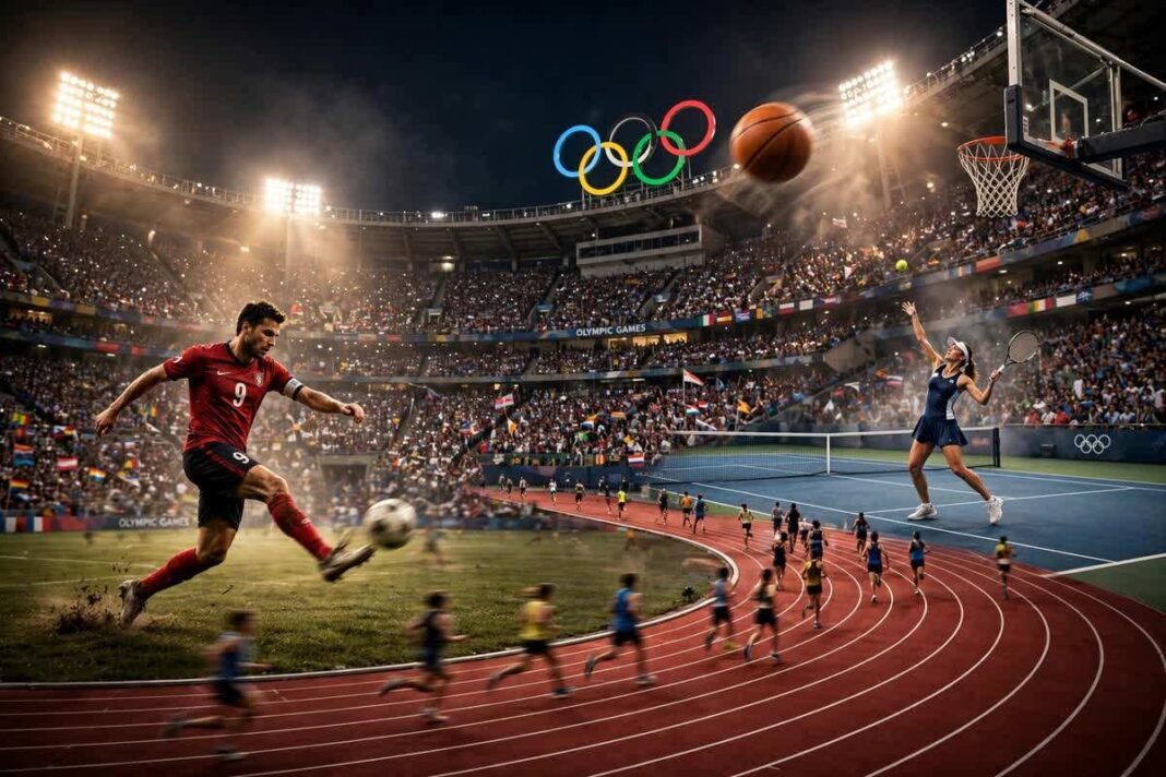 Fun facts about sports — Olympic stadium collage with soccer, tennis, basketball and track