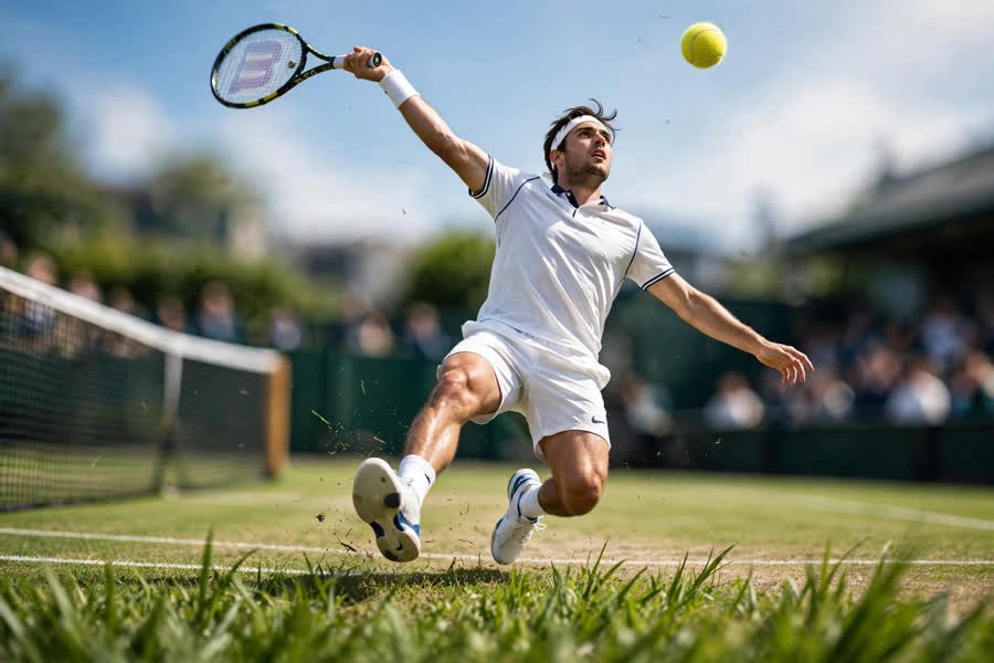 Tennis player serving on grass court