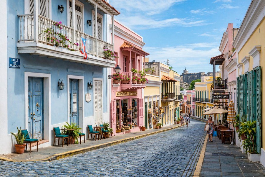 Old San Juan blue cobblestone street - fun facts about Puerto Rico