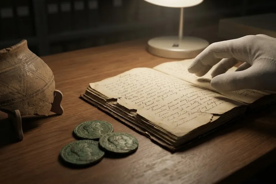 Ancient Roman coins and diary